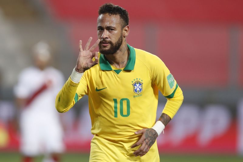 Neymar celebrates scoring against Peru.
