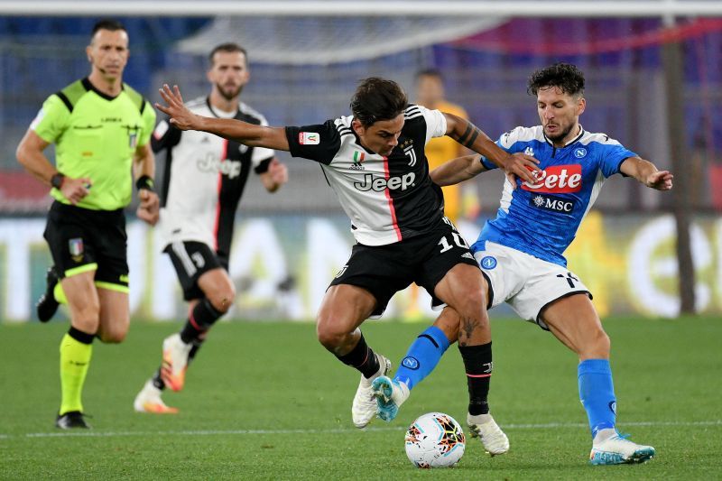 Paulo Dybala of Juventus competes for the ball with Dries Mertens of SSC Napoli