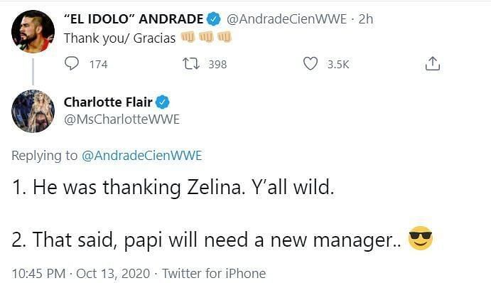Charlotte Flair replied to Andrade&#039;s tweet