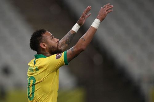 Neymar rejoices as Brazil scores a goal