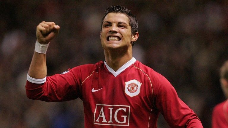 Cristiano Ronaldo exults after scoring his first Champions League goal.