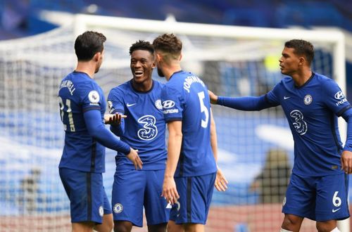 Ben Chilwell celebrates with teammates after scoring his first goal for Chelsea