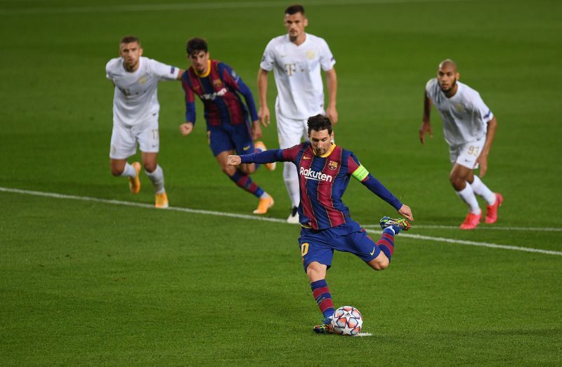 Lionel Messi converts from the spot against Ferencvaros to put Barcelona ahead in the 27th minute