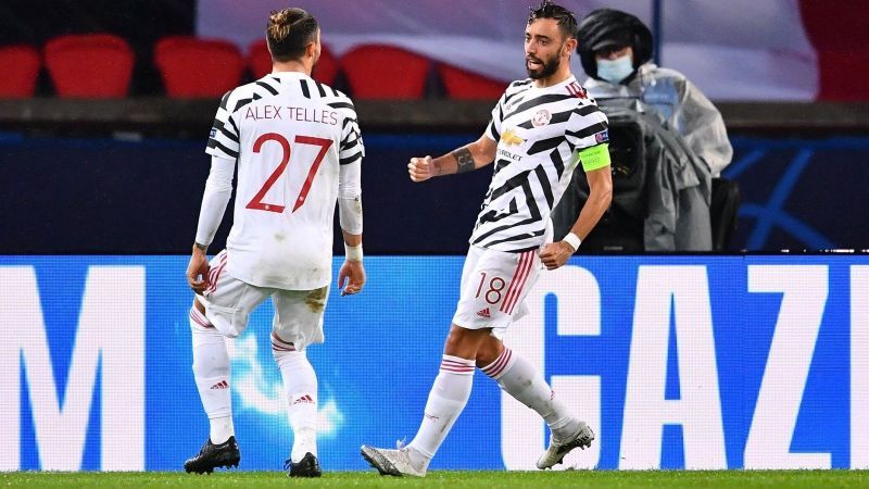 Bruno Fernandes celebrating his twice-taken penalty for Manchester United in the first half