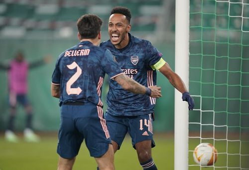 Hector Bellerin and Pierre-Emerick Aubameyang of Arsenal