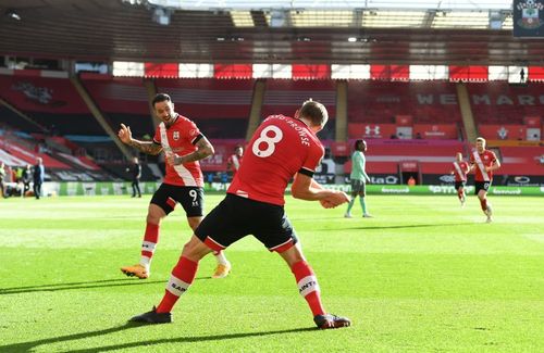 James Ward-Prowse celebrates with Danny Ings after scoring against Everton