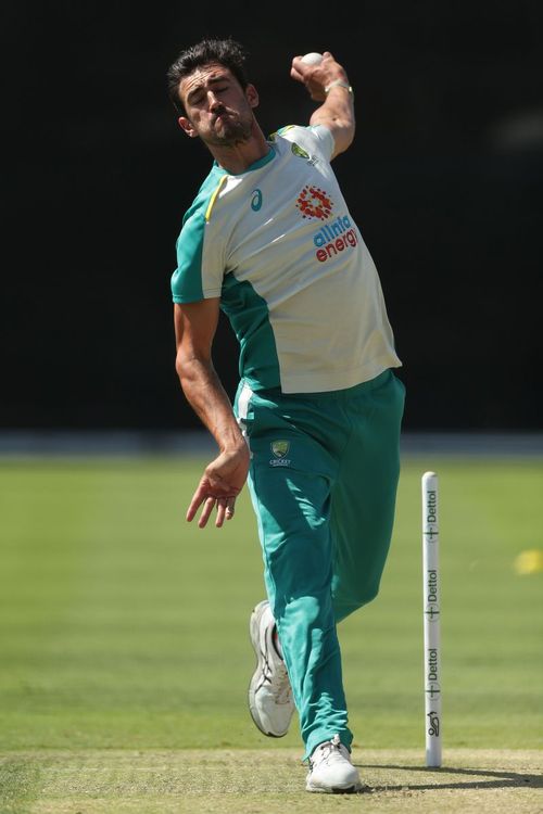 Mitchell Starc in his delivery stride at Australia's first practice session