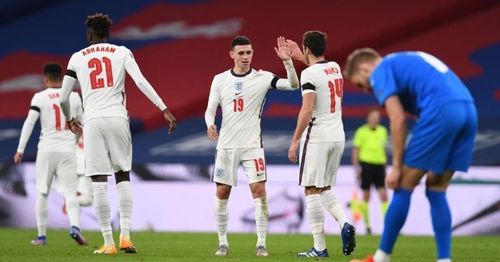 Phil Foden (No. 19)'s brace for England put the game well beyond Iceland's reach.