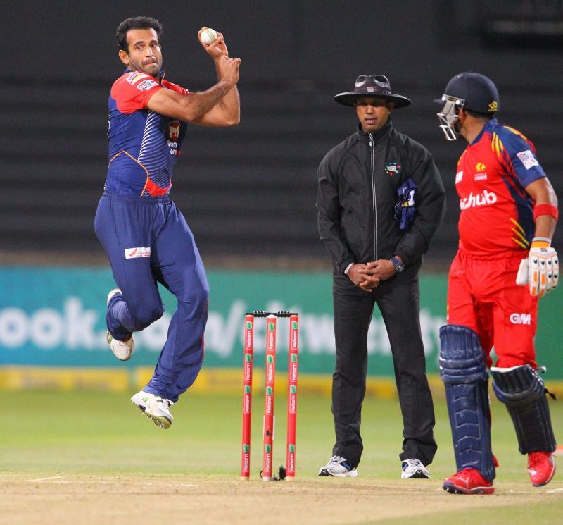 Irfan Pathan in action during the CLT20 2012 semi-final