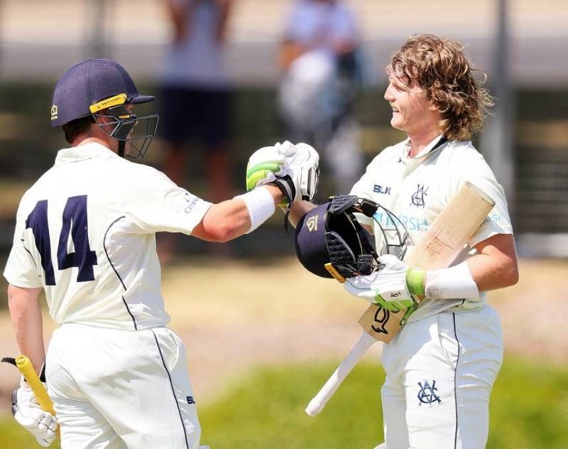 Will Pucovski (right) and Marcus Harris during their record 486-run stand in the Sheffield Shield earlier this year