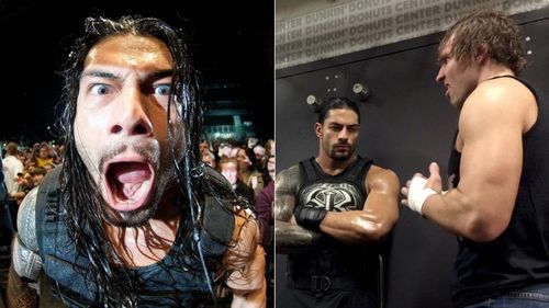 Roman Reigns at a WWE show (left); Roman Reigns and Dean Ambrose (right)