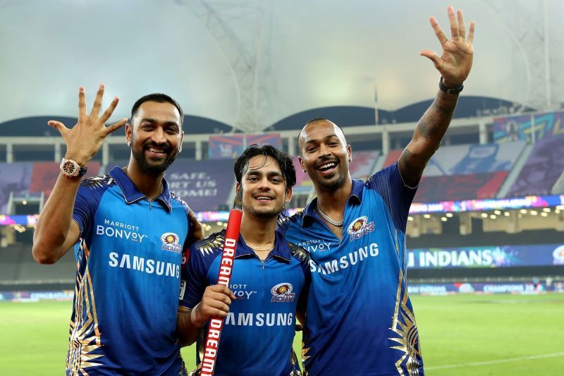 Ishan Kishan (centre) with the Pandya brothers after helping MI win their 5th IPL title (Credits: IPLT20.com)