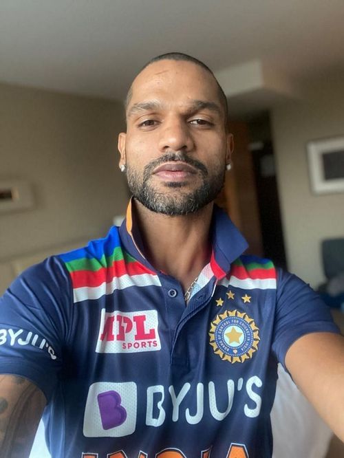 Opening batsman Shikhar Dhawan sporting India's new jersey ahead of the first game against Australia