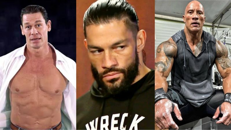 John Cena (left), Roman Reigns (center), and The Rock (right)