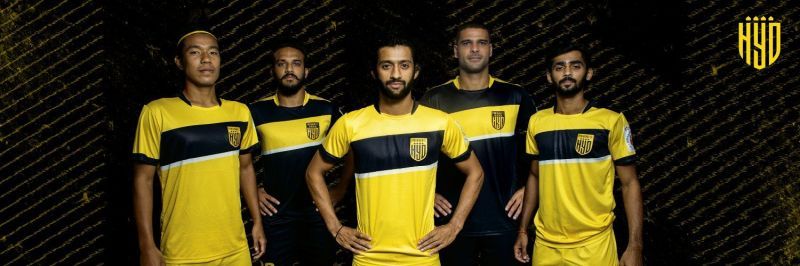 Hyderabad FC players styling the new kit for the ISL 2020/21 season