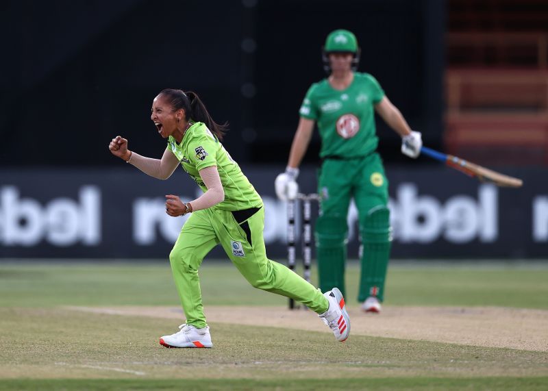 Shabnim Ismail celebrates after picking up a wicket.