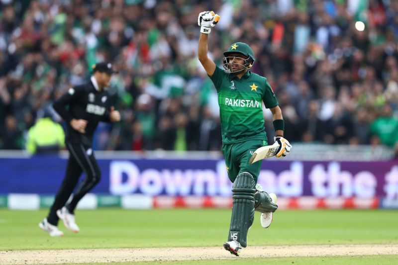 Pakistan's Babar Azam celebrates his match-winning hundred against New Zealand in World Cup 2019.