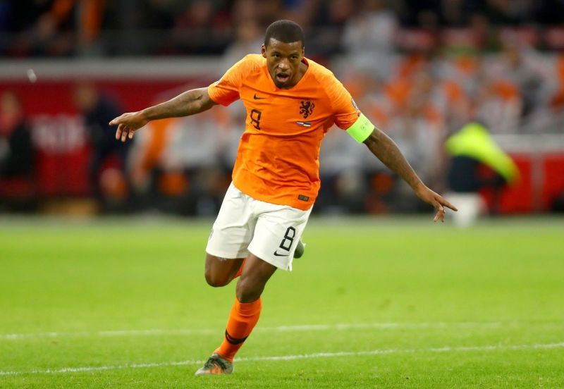 Georginio Wijnaldum exults after scoring for Netherlands.