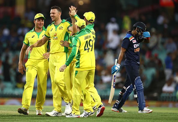 Australia celebrate the fall of a wicket