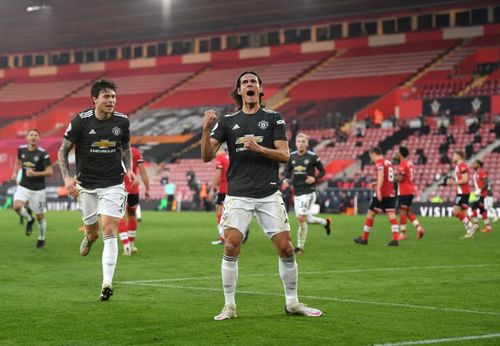 Edinson Cavani (right) of Manchester United celebrates one of his two goals in the game.