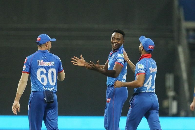 Kagiso Rabada (middle) celebrates the fall of a wicket with his teammates