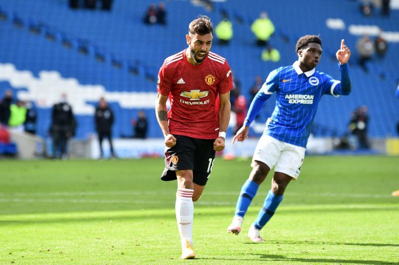 Fernandes celebrates after scoring the winner for his side against Brighton &amp; Hove Albion