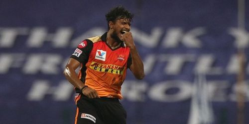 T Natarajan celebrates a wicket during IPL 2020. Credit: [IPLT20.com]