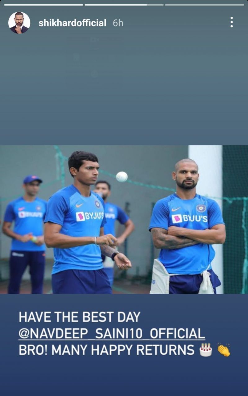 Shikhar Dhawan wished Navdeep Saini on Instagram