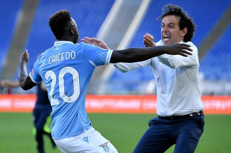 Felipe Caicedo celebrates with Simone Inzaghi after scoring Lazio's equalizer