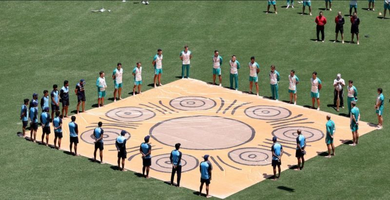 Team India and Australia players take part in Barefoot Circle. Pic: Foxsports