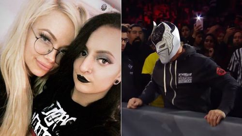 Liv Morgan and Ruby Riott (left); Sin Cara imposter (right)