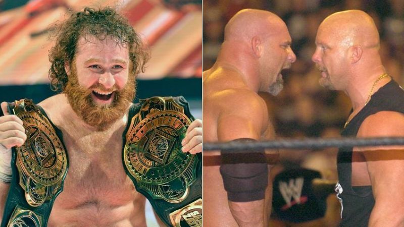 Sami Zayn (left); Goldberg and Steve Austin (right)