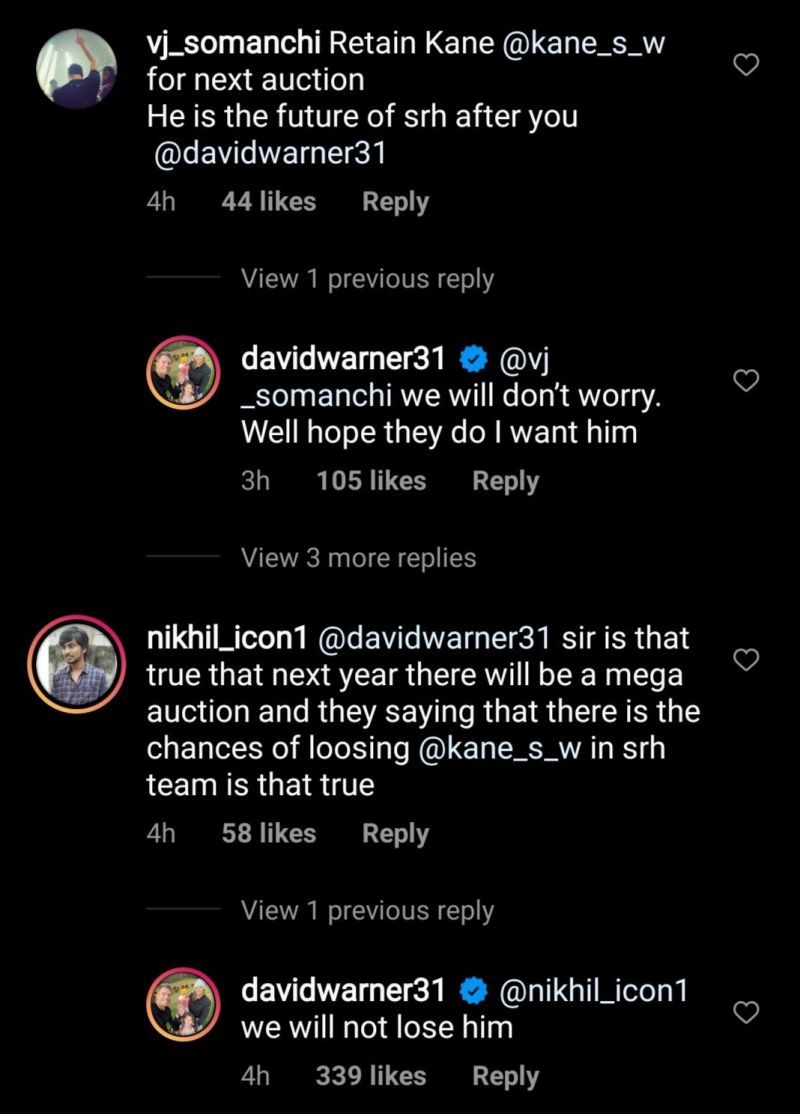 David Warner replied to a few SRH fans on his m Instagram post