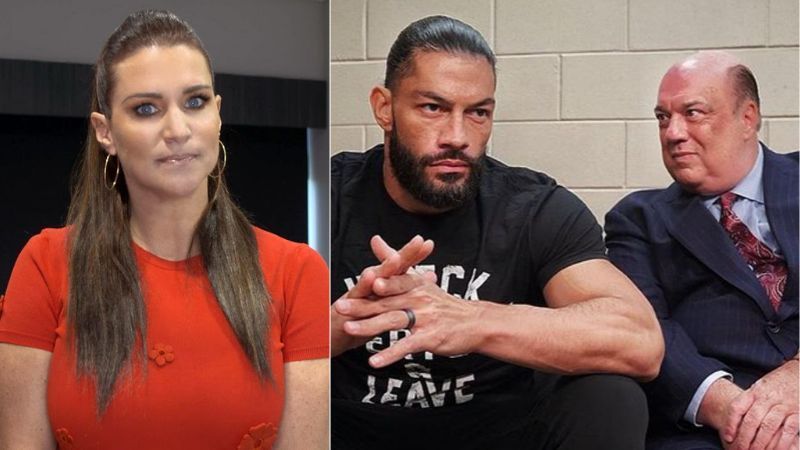 Stephanie McMahon (left); Roman Reigns and Paul Heyman (right)