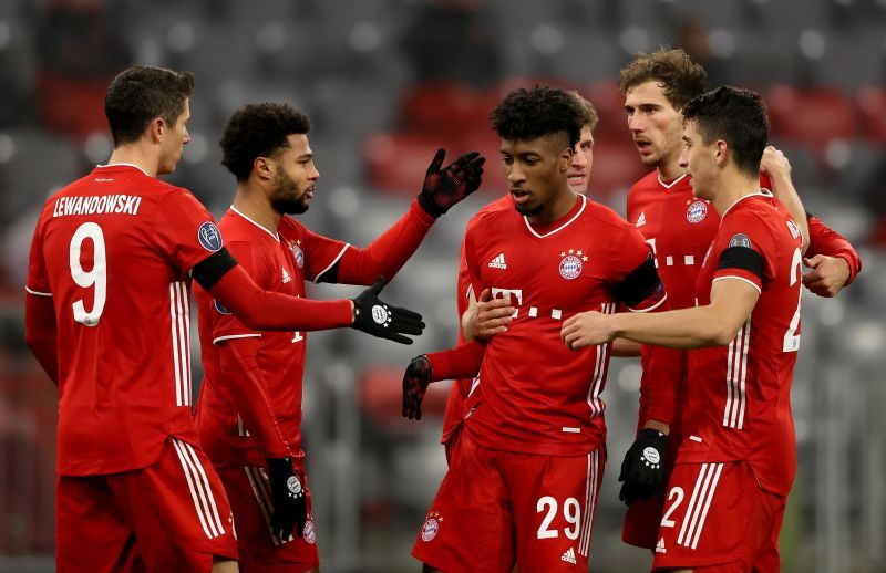 Kingsley Coman celebrates after scoring a goal against Salzburg.