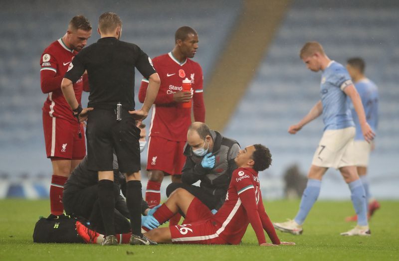 Trent Alexander-Arnold was forced off the pitch in the second half.