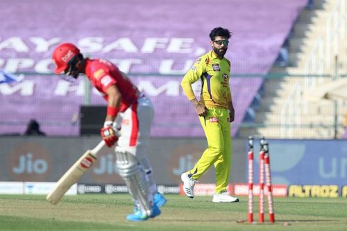 Ravindra Jadeja capturing one of his six wickets in the IPL this season.