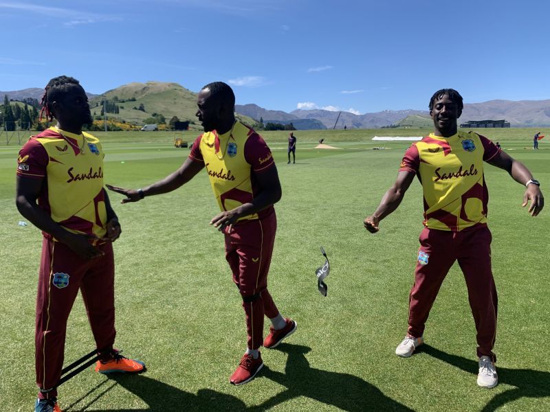 West Indies players in their new T20I jerseys.