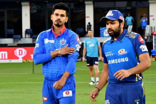 Shreyas Iyer (L) and Rohit Sharma (R) at the toss tonight (Credits: IPLT20.com)