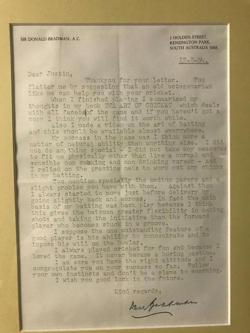 Sir Don Bradman's reply to a letter by Justin Langer asking for his advice in 1994. Image source - cricket.com.au