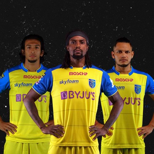 Kerala Blasters players styling the new jersey.