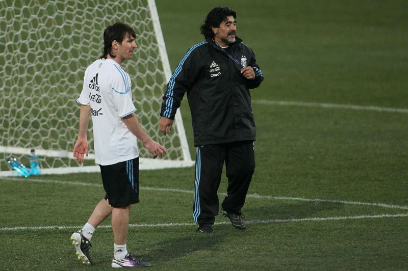 Messi and Maradona during Argentina training, 2010