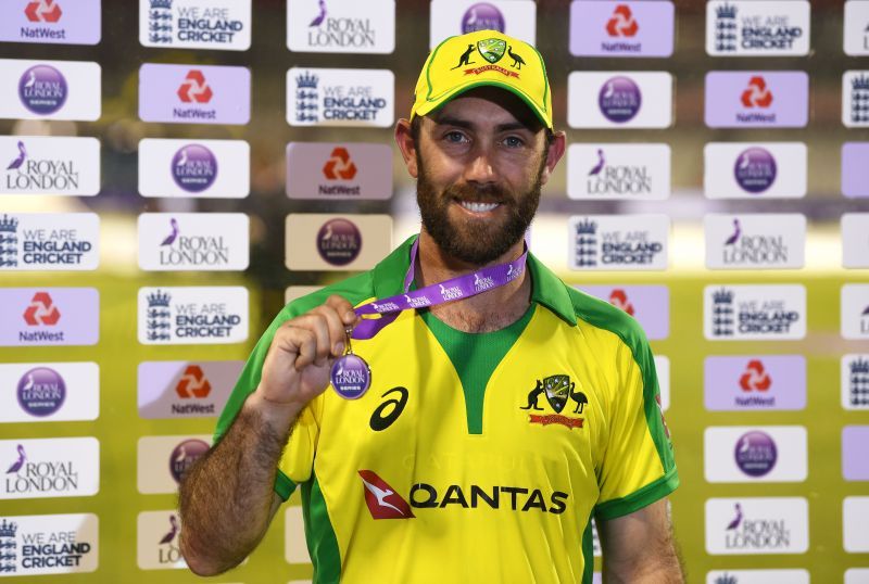 Glenn Maxwell poses with his Man of the Series award after the series against England.