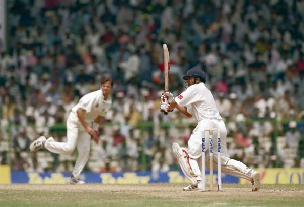 CHENNAI - MARCH 9: Sachin Tendulkar of India hits out on his way to 155 runs during the Border-Gavaskar Trophy, 1997/98, 1st Test Match between India and Australia held on March 9, 1998 at the MA Chidambaram Stadium, in Chepauk, Chennai, India. (Photo by Ben Radford/Getty Images)