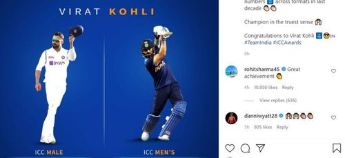 Rohit Sharma congratulates Virat Kohli. Pic: Indian cricket team/ Instagram