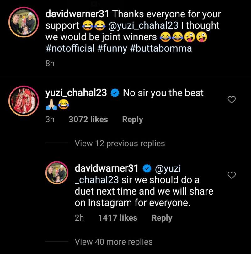 David Warner and Yuzvendra Chahal's conversation on Instagram