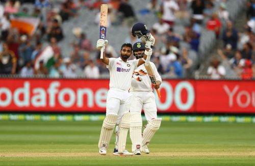 Ajinkya Rahane celebrates his century