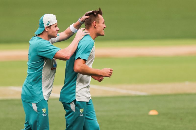 Steve Smith (L) and Marnus Labuschagne (R) during a nets session