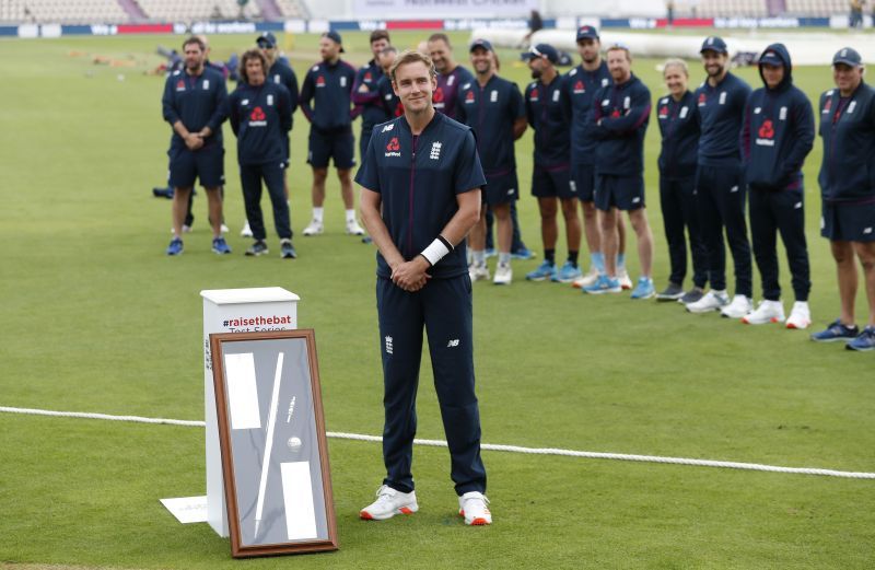 Stuart Broad of England is presented with an award for reaching 500 Test Match wickets