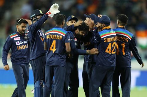 Shardul Thakur's teammates congratulating him after he snapped up a wicket in the third ODI.